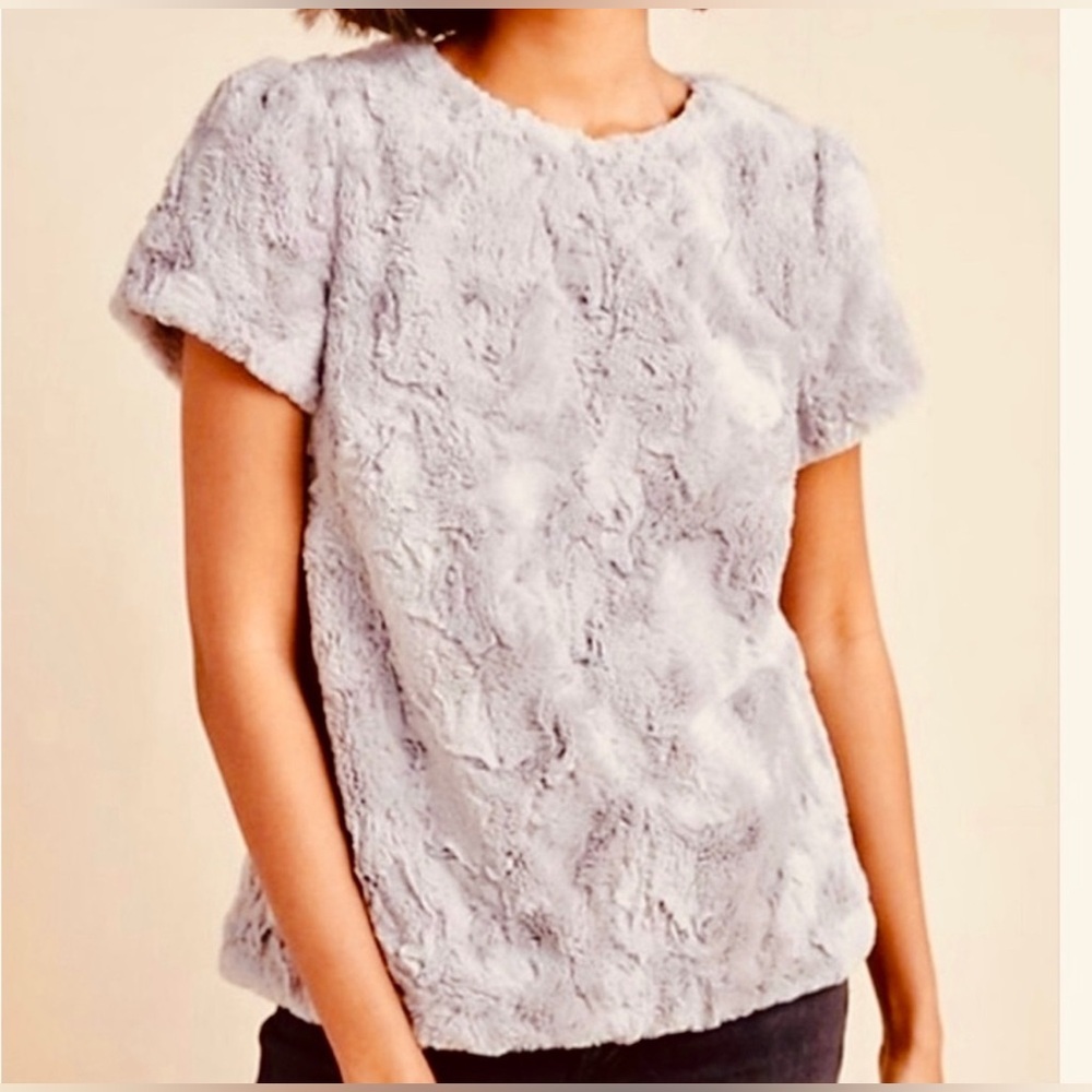 Anthropologie Light Gray Faux Fur Short Sleeve Top